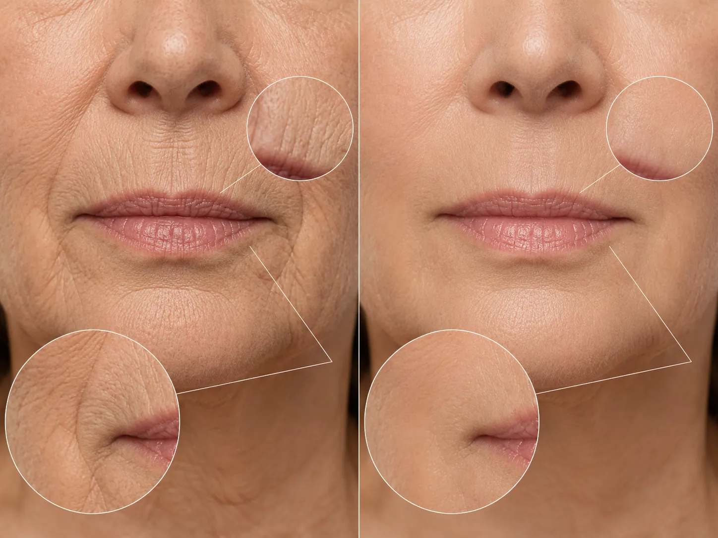 Close-up comparison of a woman’s lower face: deep lines and crepey texture on the left, smoother and firmer skin on the right